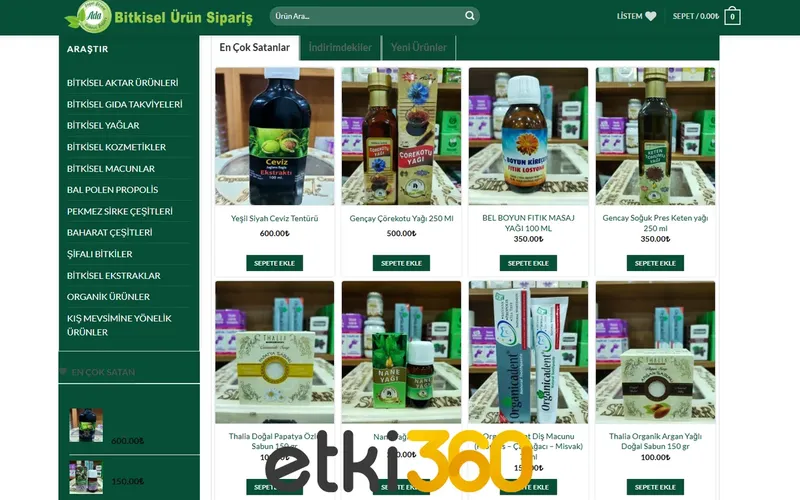 Bitkisel Ürün Sipariş E-Ticaret Web Sitesi – Etki360 tarafından geliştirilen, mobil uyumlu ve SEO uyumlu online satış sitesi görseli.