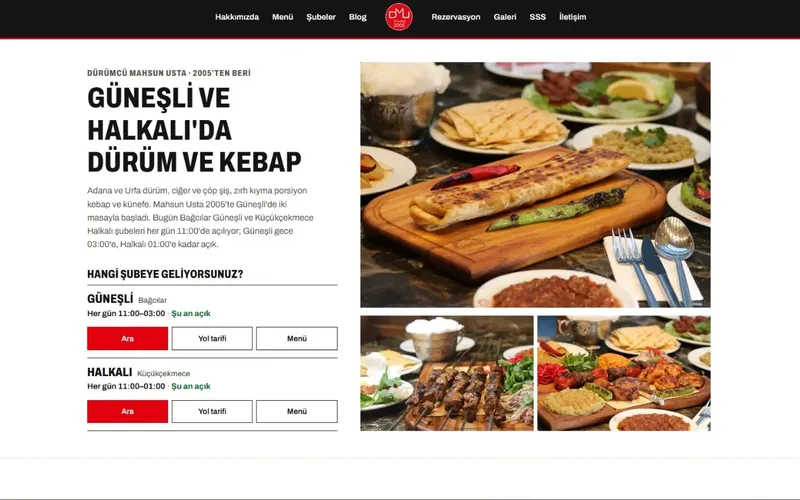 Dürümcü Mahsun Usta Güneşli ve Halkalı şubeleri web sitesi – Etki360 tarafından geliştirilen, kırmızı, siyah ve beyaz tasarımlı, şube seçimli ve SEO, GEO, AEO uyumlu restoran web sitesi görseli.