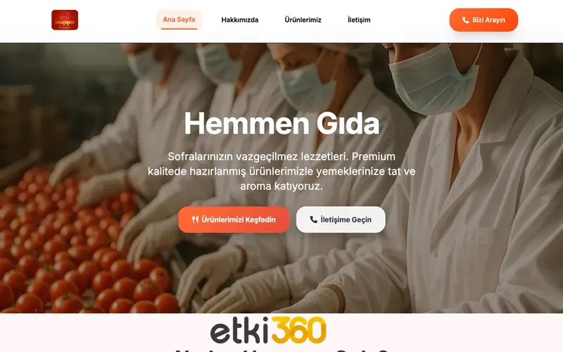 Hemmen Gıda Kurumsal Web Sitesi - Etki360 tarafından geliştirilen, toptan gıda tedarikçiliği ve premium ürünler için modern, SEO uyumlu tam ekran web sitesi görseli.
