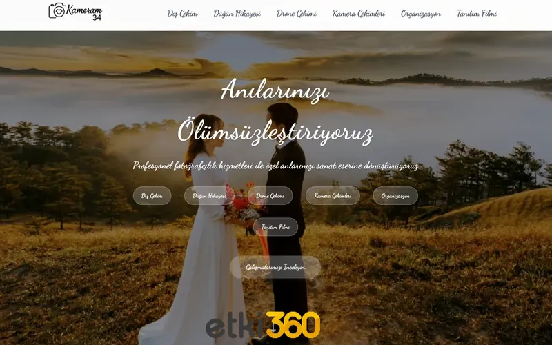 Kameram34 Kurumsal Web Sitesi - Etki360 tarafından geliştirilen, profesyonel fotoğrafçılık, düğün çekimi ve video prodüksiyonu için modern, SEO uyumlu tam ekran web sitesi görseli.