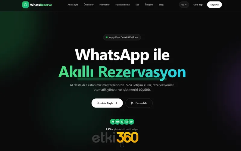 WhatsReserve SaaS Platformu – Etki360 tarafından geliştirilen, WhatsApp entegrasyonlu akıllı rezervasyon ve randevu yönetim sistemi web sitesi görseli.